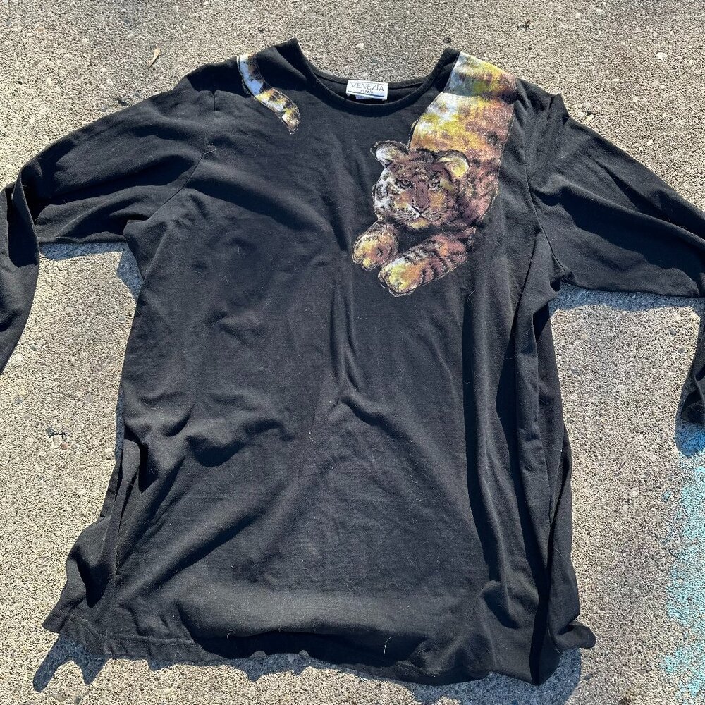 Vintage 80s 90s Black long sleeve graphic hand painted tiger shirt - 1x